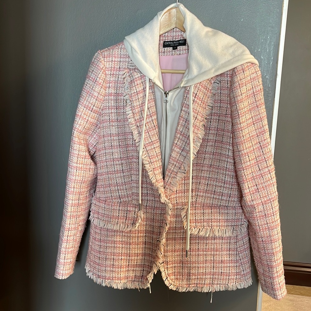 New trendy plaid jacket, removable hoodie. Size S, Central Park West NY brand